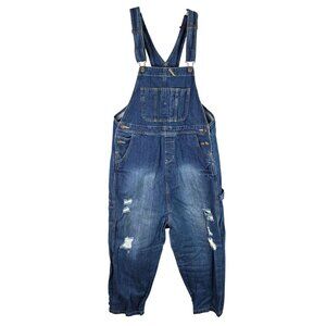 Womens Head in Chains Distressed Blue Denim Overalls Front Pocket Cotton Size L